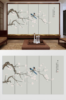 新中式手绘工笔花鸟植物背景墙