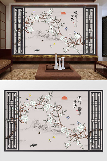 手绘工笔花鸟山水中式屏风背景墙图片下载