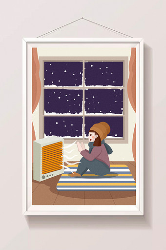 清新大寒节气女孩室内坐在暖气片前取暖插画图片
