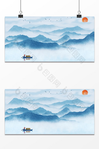 中国风蓝色水墨风景背景图片