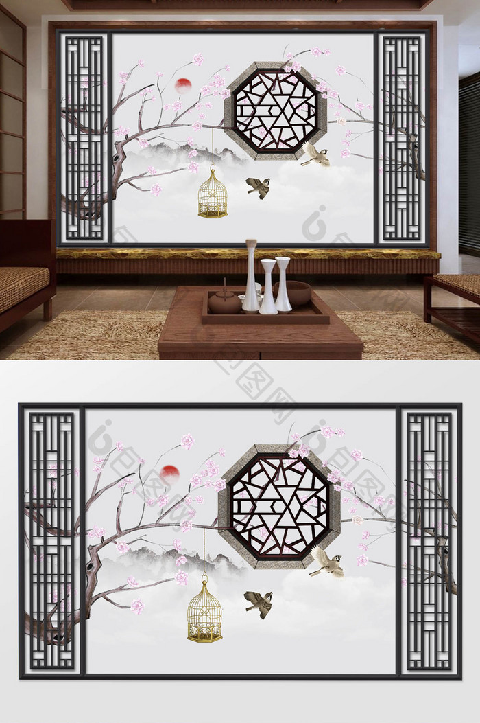 新中式手绘花鸟工笔植物背景墙