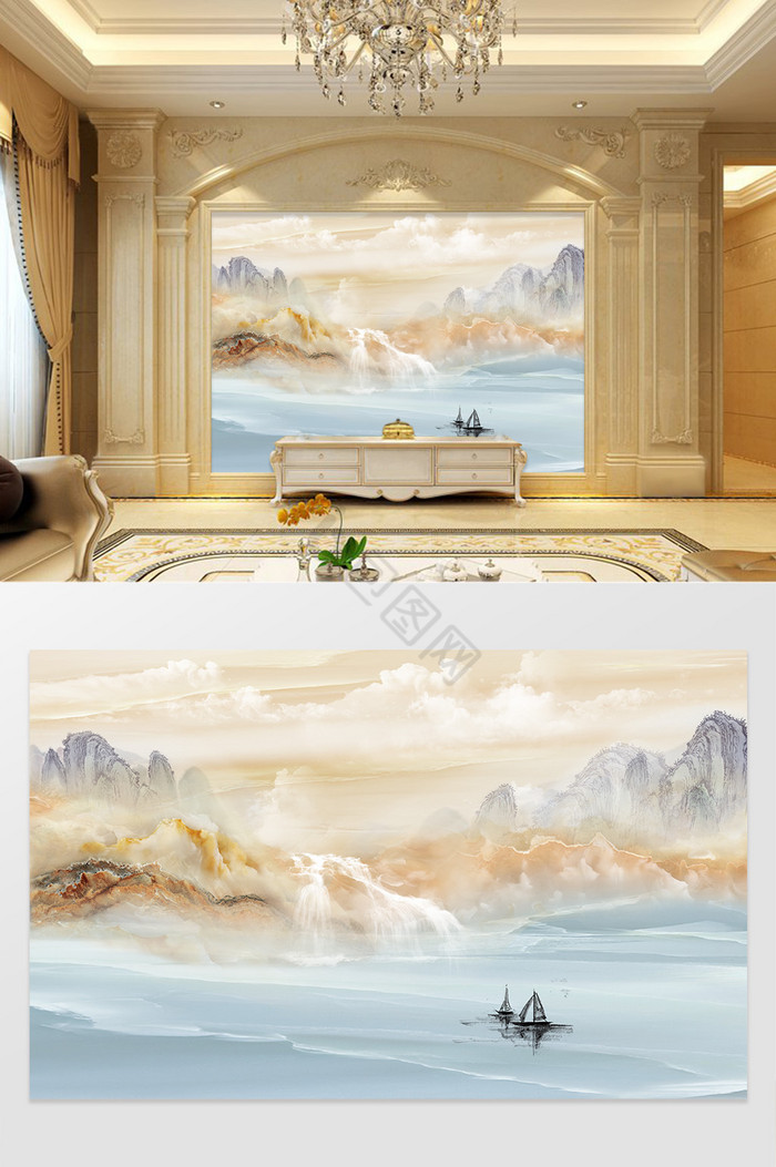 高清新中式大理石纹山水风景抽象背景墙
