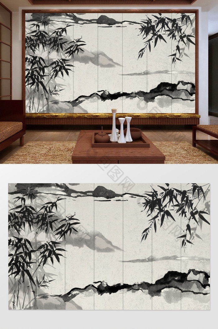 新中式复古竹林山水背景墙图片图片