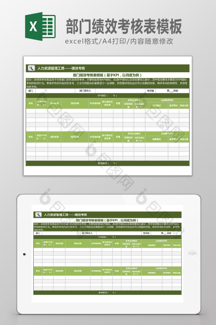 基于KPI的部门绩效考核表模板下载-包图网