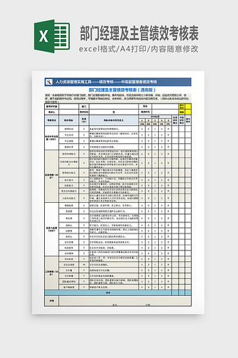 部门经理及主管绩效蓝色通用考核表图片