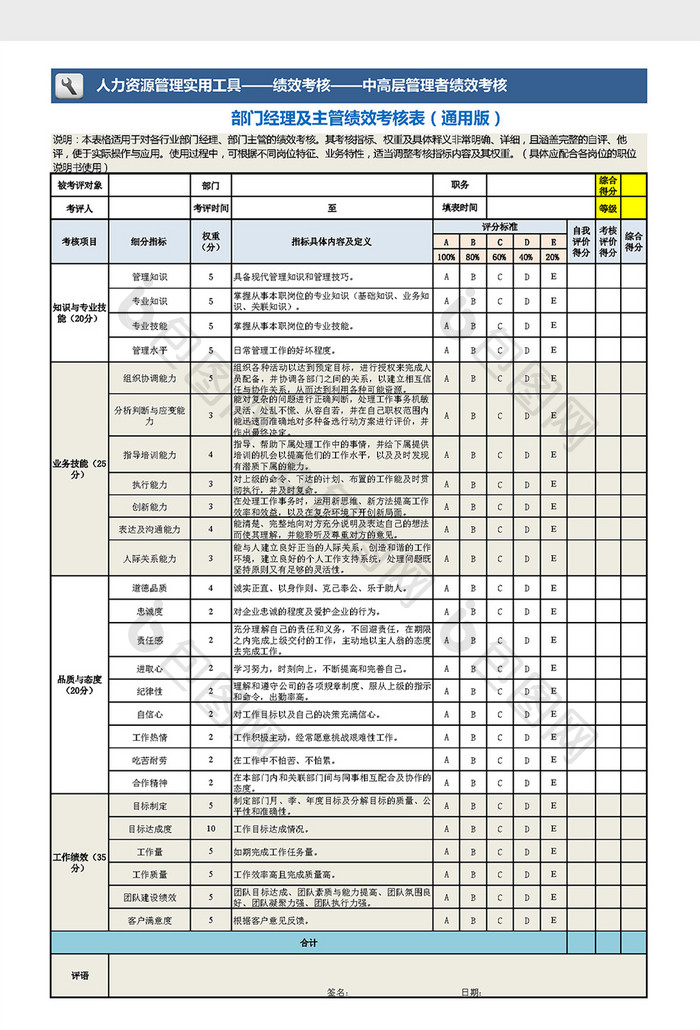 部门经理及主管绩效蓝色通用考核表