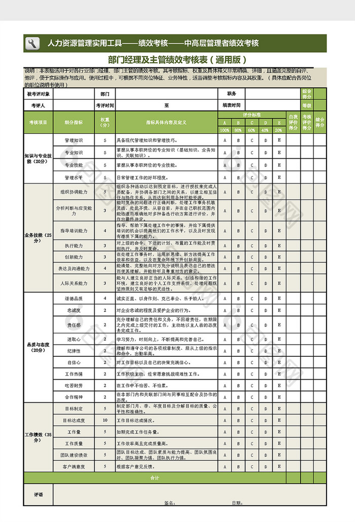 部门经理及主管绩效绿色通用考核表