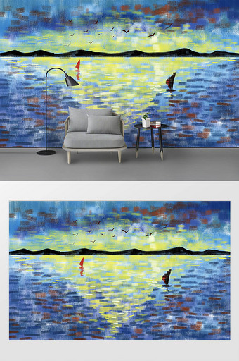 现代手绘大海日出抽象油画背景墙图片