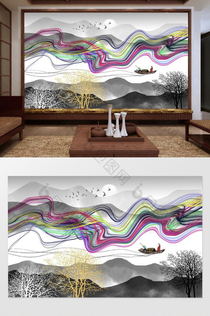 新中式抽象山水线条电视背景墙壁画