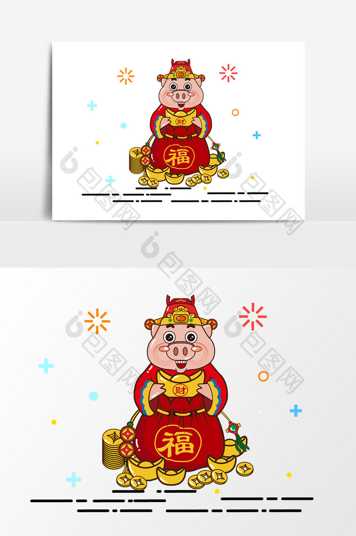 卡通新年元旦福猪福袋设计元素