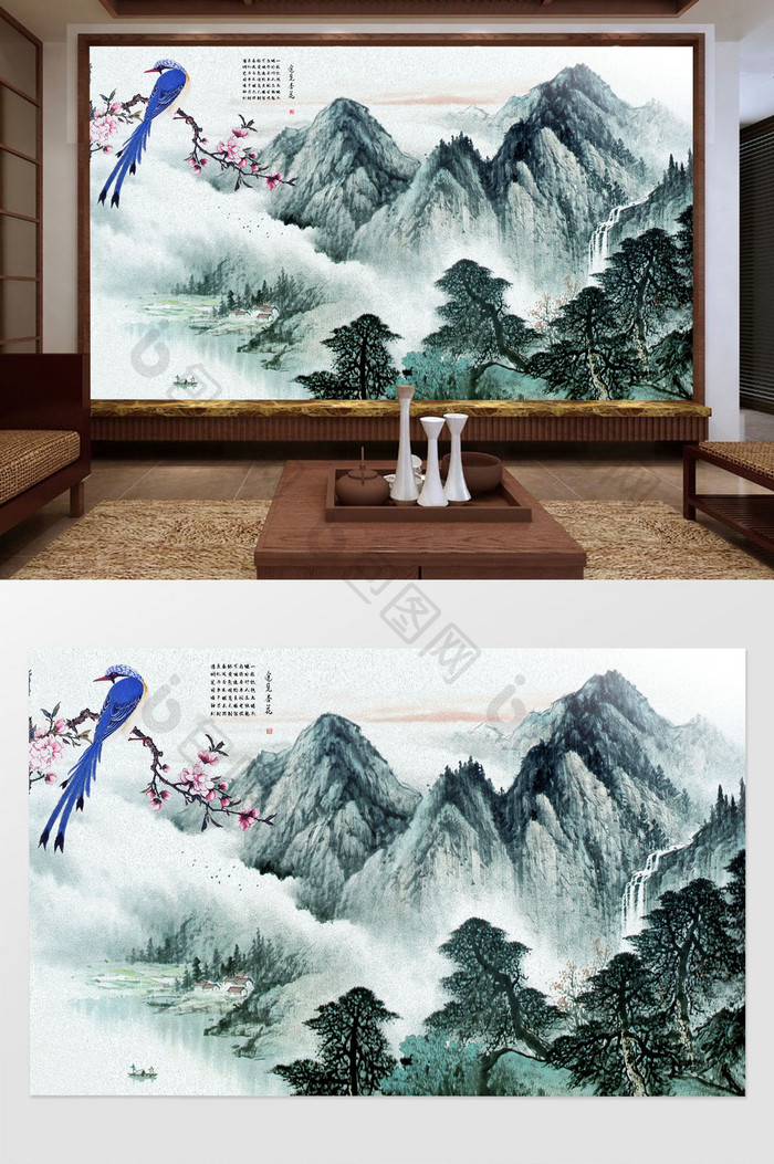 新中式山水风景背景墙装饰画定制
