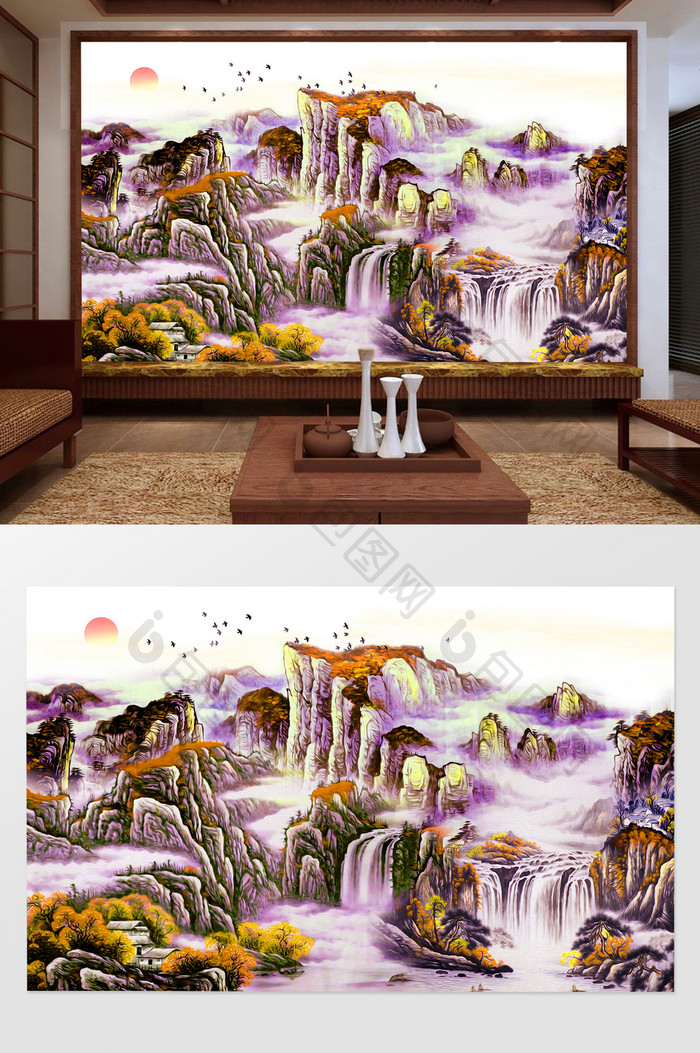 新中式山水国画风景画电视背景墙