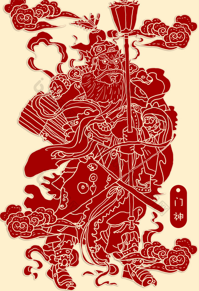 红色喜庆门神剪纸风插画