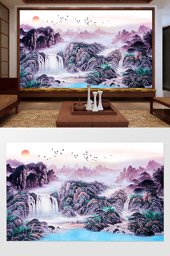 新中式意境国画山水风景电视背景墙图片