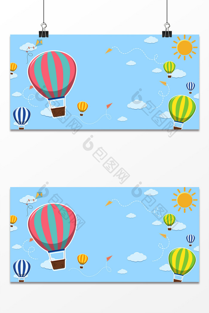 简约卡通清新热气球云彩天空旅行假期背景
