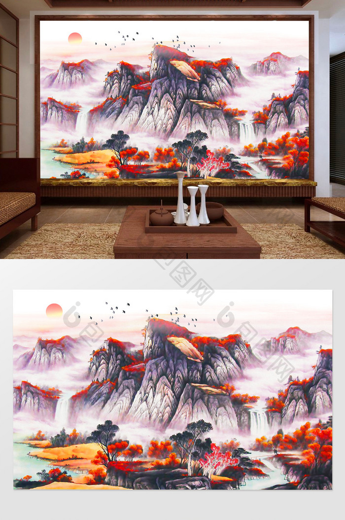 新中式唯美意境国画山水画电视背景墙