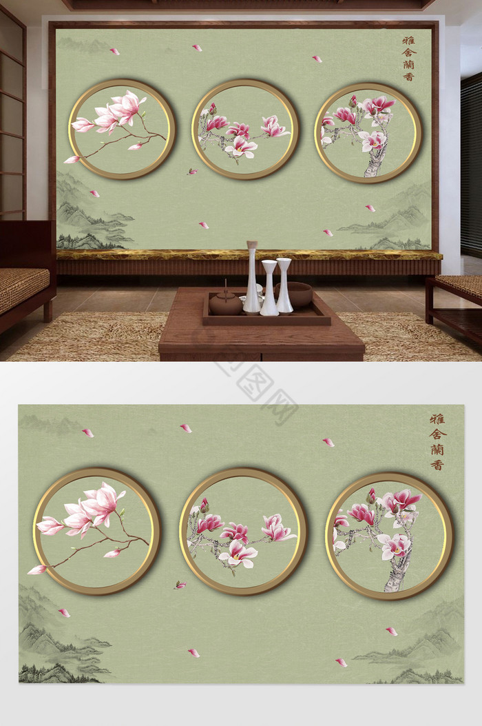 新中式花枝圆金属边框水墨山水背景墙图片