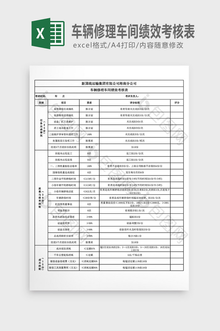 车辆修理车间绩效考核表