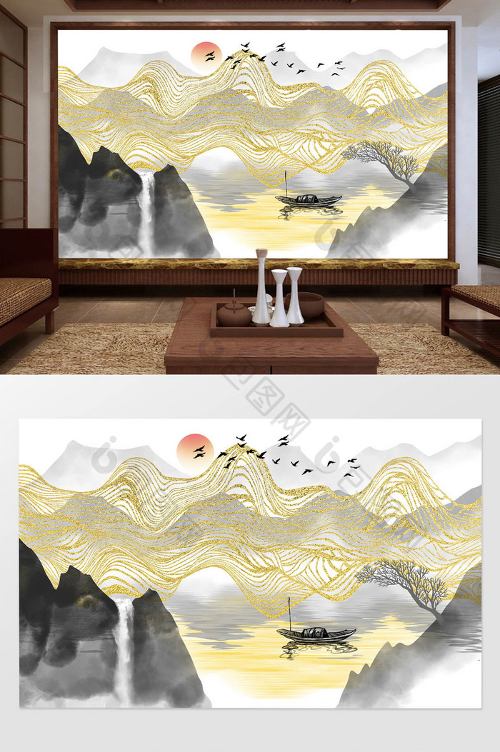 新中式金色线条抽象山水画背景