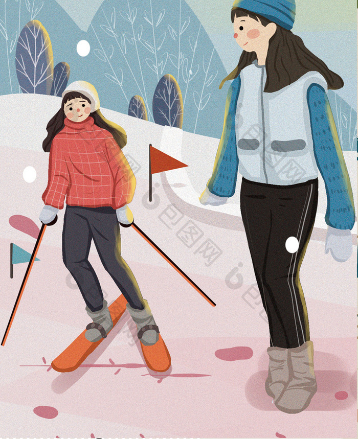 卡通漫画手绘姐妹闺蜜滑雪运动冰雪节配图