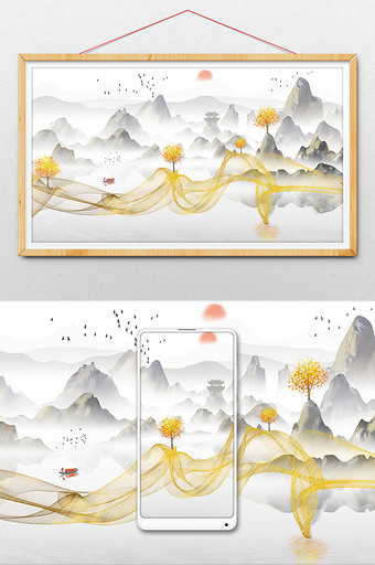 中国风抽象线条水墨山水画图片
