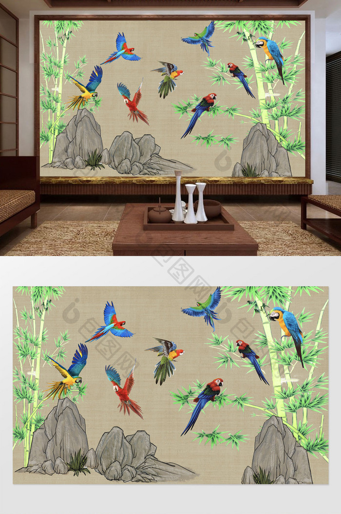 新中式竹林下手绘色彩鹦鹉背景墙