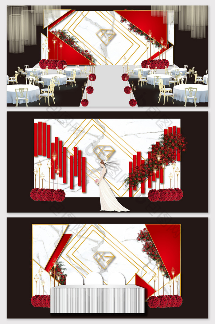 现代简约红色欧式大理石婚礼舞台效果图