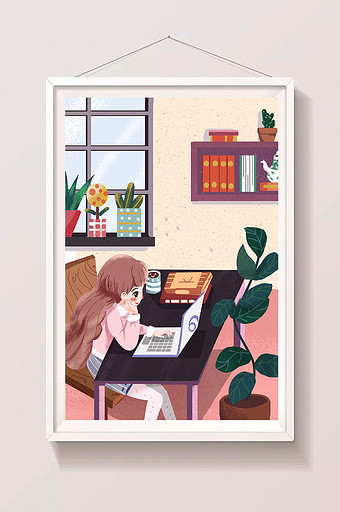 假期生活方式少女打游戏玩电脑植物卡通插画图片