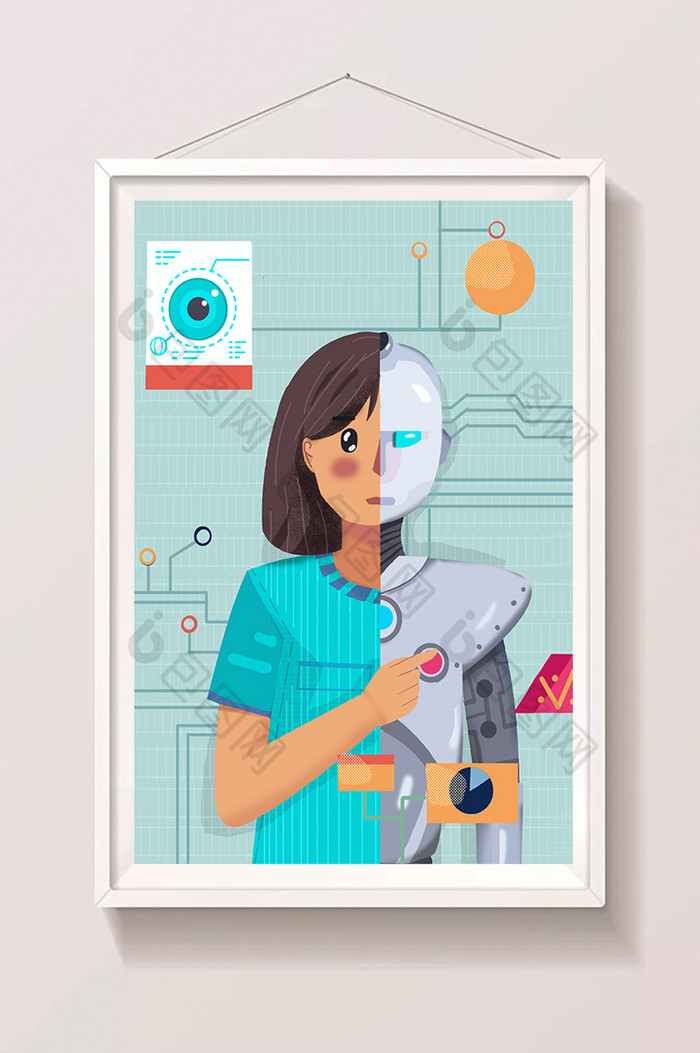 科技人工智能机器人少女卡通扁平插画