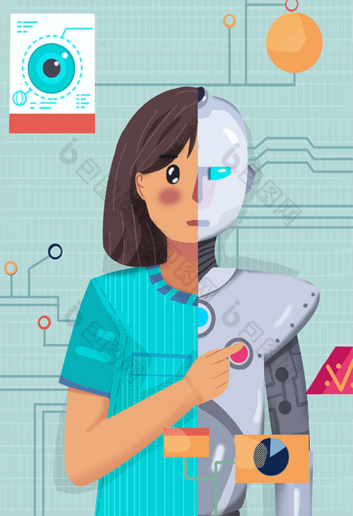 科技人工智能机器人少女卡通扁平插画