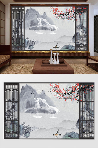中式意境大气山水风景梅花花枝油画背景墙图片