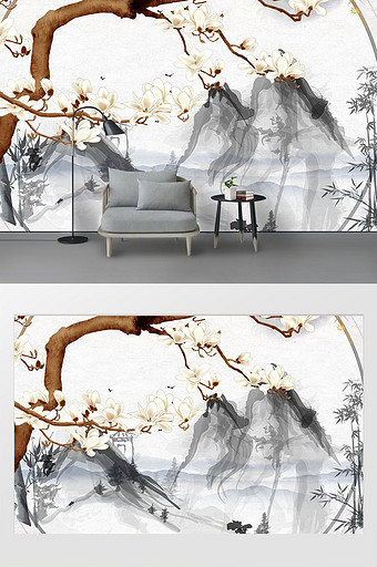 中式意境大气抽象山水树风景花枝油画背景墙图片