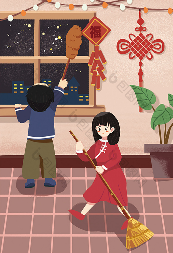 小年扫尘大扫除少女插画图片