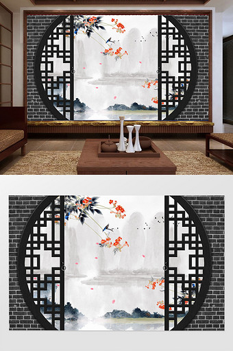 中式复古大气牡丹花山水风景砖墙门框背景墙图片