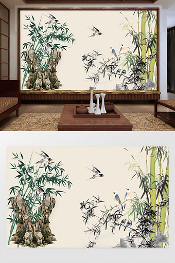 新中式竹林小鸟燕子背景墙图片