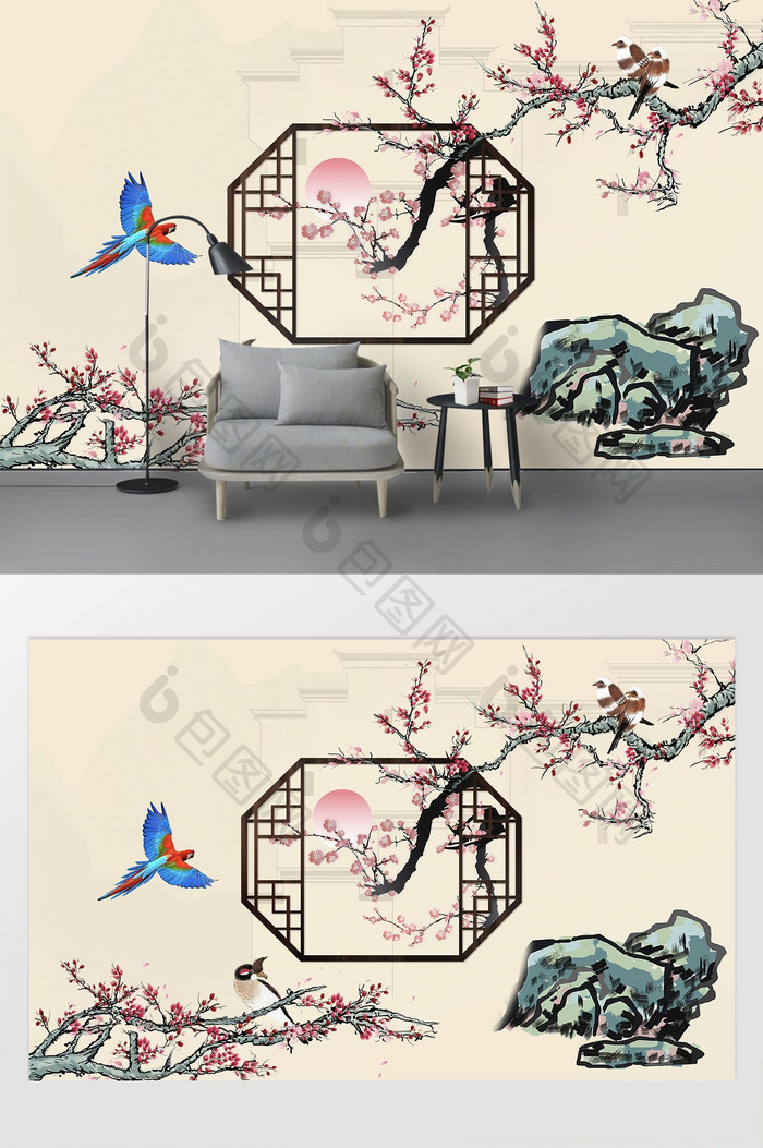 中式中国风梅花鹦鹉小鸟背景墙