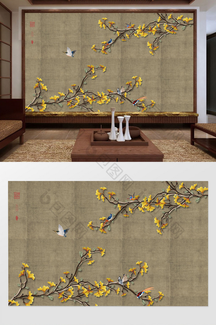 新中式复古手绘银杏叶电视沙发背景墙