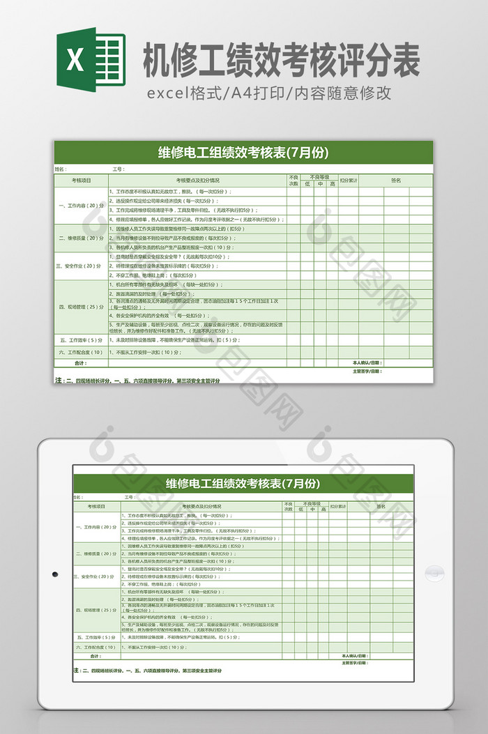 机修工绩效考核评分表