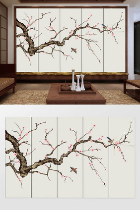 中式工笔手绘花鸟植物背景墙