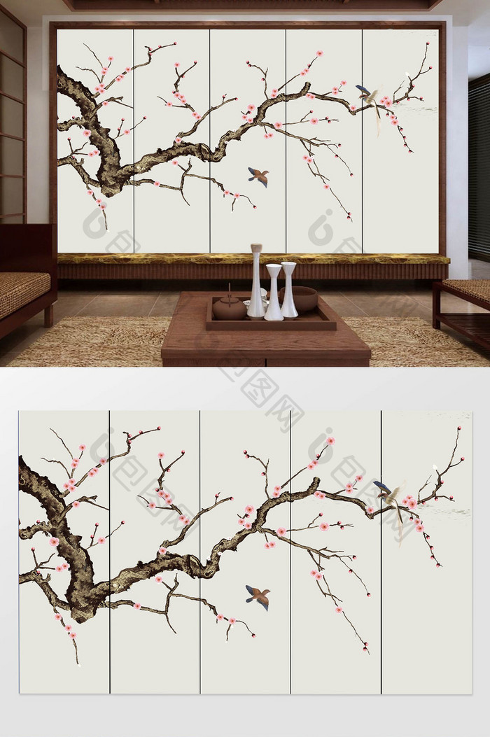 中式工笔手绘花鸟植物背景墙