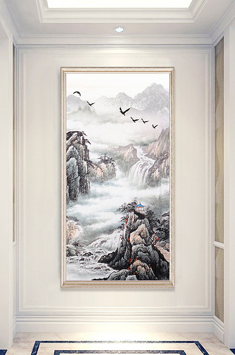 新中式手绘水墨山水风景画玄关图片