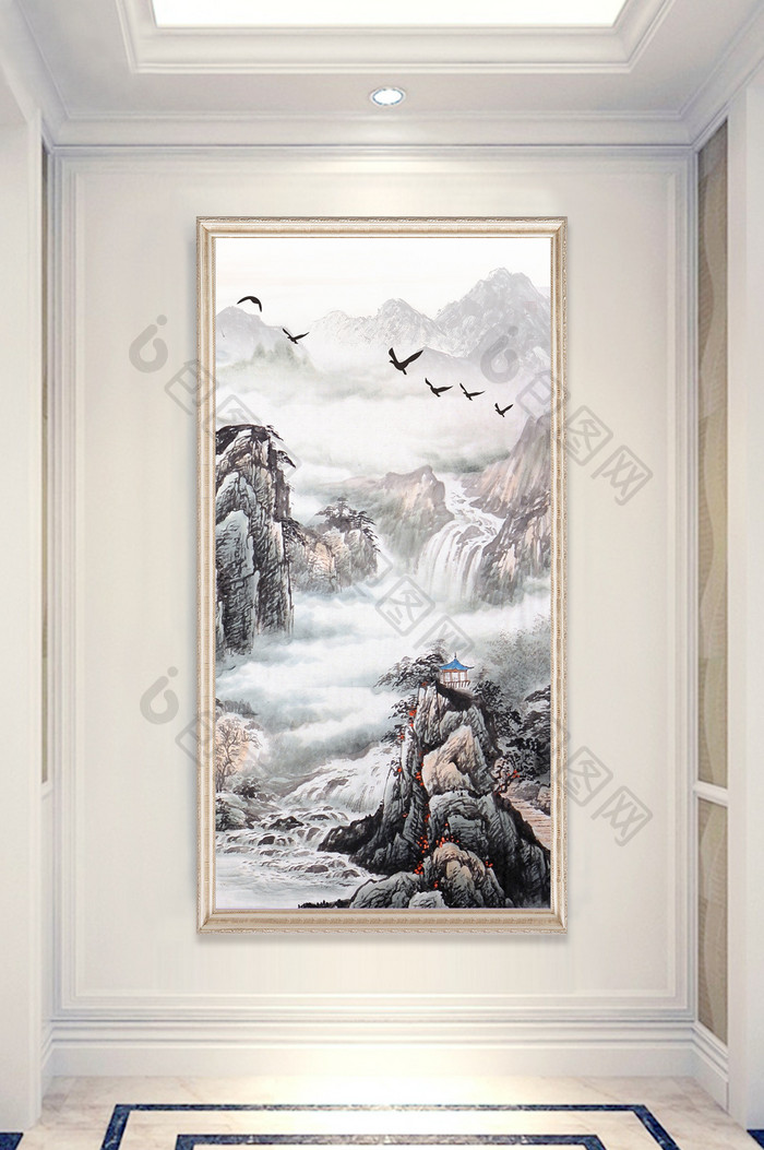 新中式手绘水墨山水风景画玄关
