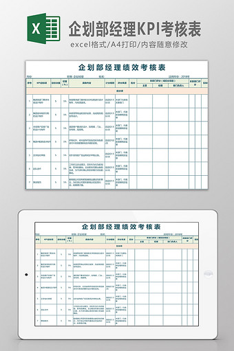 企划部经理KPI考核表图片