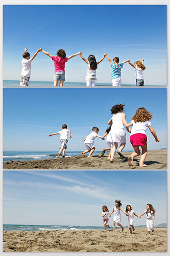 蓝天白云海边嬉戏玩耍的小朋友们图片下载