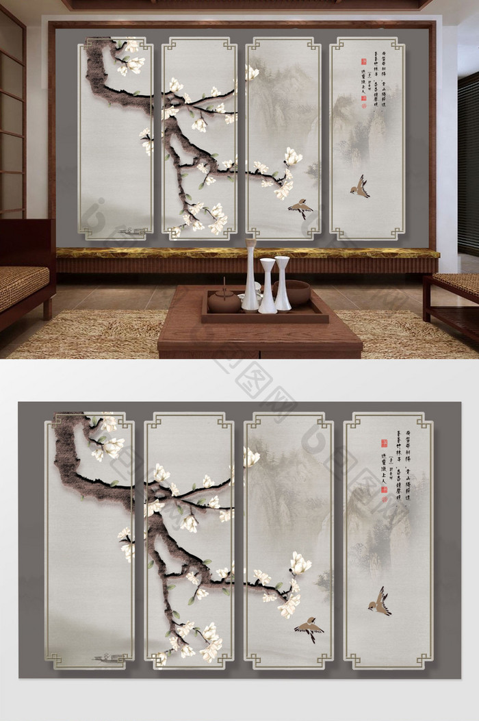 新中式玉兰花花鸟背景墙装饰画