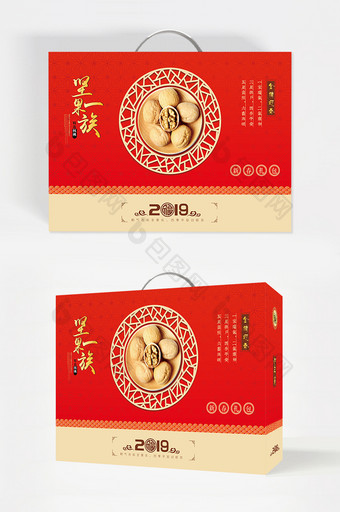 中国红大气核桃坚果新年礼盒包装设计图片