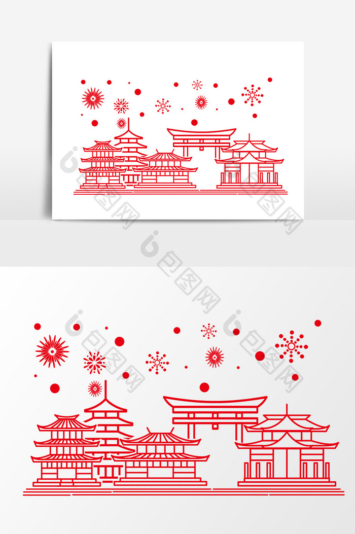 红色中国风建筑设计元素