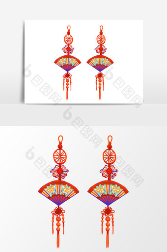 中国风手绘扇形挂饰设计元素图片