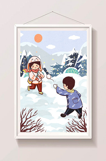 冬天打雪仗抛雪球男孩女孩插画图片