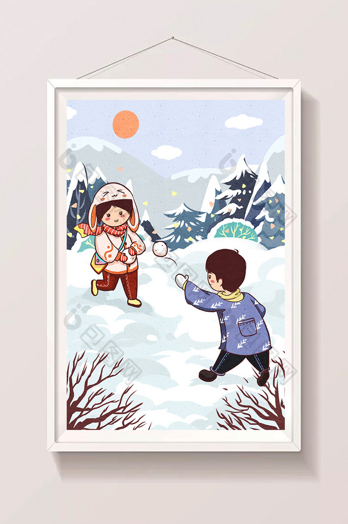 冬天打雪仗抛雪球男孩女孩插画